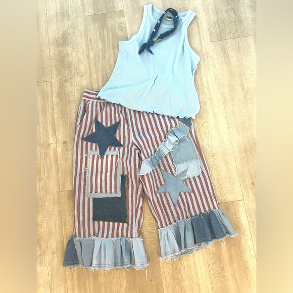 Red and blue striped upcycled bloomer/pants, denim ruffles and patchwork stars M - Picture 8 of 10